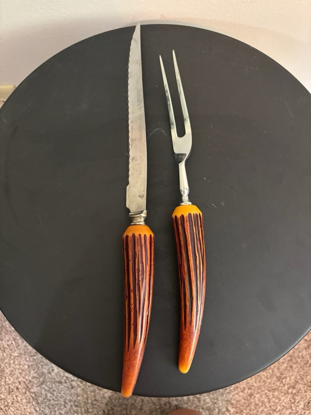 VINTAGE SERVING FORK & KNIFE REGENT SHEFFIELD ENGLISH FAUX HORN BAKELITE HANDLE
